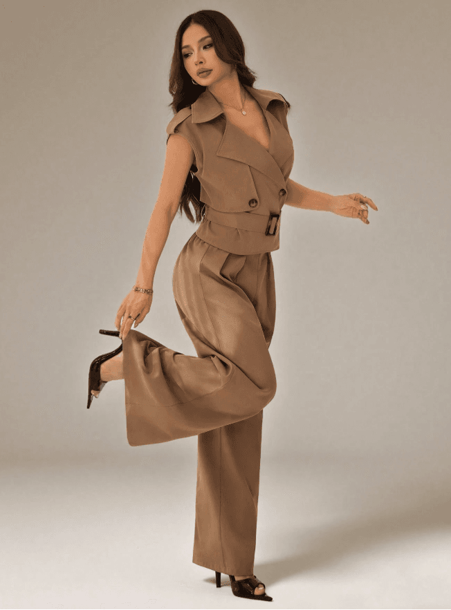 SHEIN PETITE Women's Solid Color Double-Breasted Vest And Wide-Leg Pants Suit